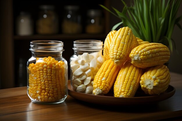 corn and garlic in glass bowls on a wooden table