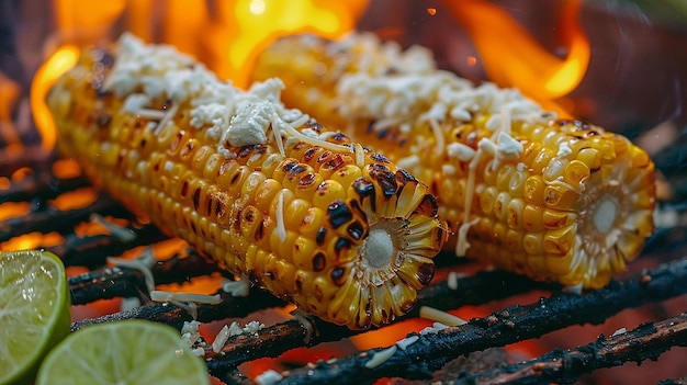 corn on a grill with a flame in the background