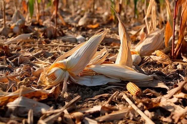 Corn husks scattered on the ground after harvest