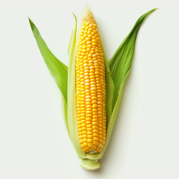 a corn is on a white background with a green leaf