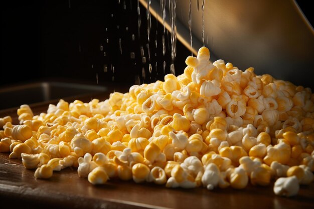 Corn kernels popping out of a popcorn machine