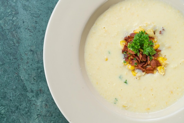 Corn soup with crispy bacon