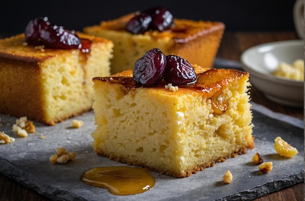 Cornbread with caramelized plum and goat cheese