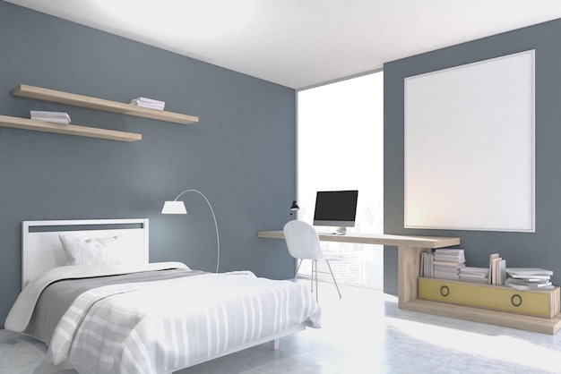 Corner of a bedroom with a home office, a double bed and two bookshelves above it. A large square poster is hanging on a gray wall. 3d rendering. Mock up.