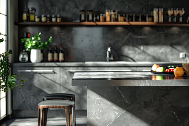 Photo corner of gray kitchen with bar