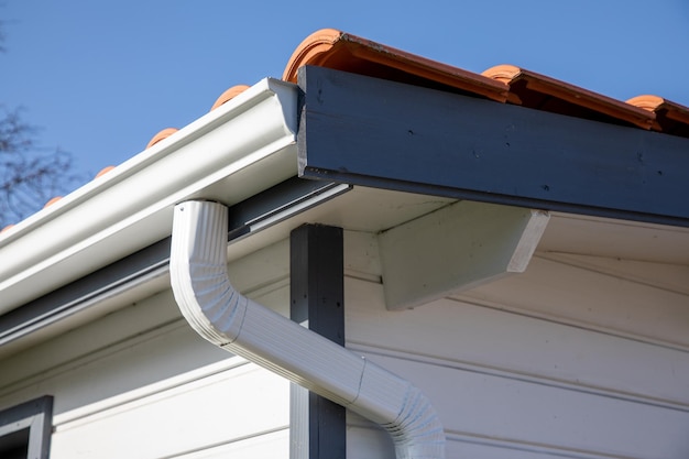 Corner home new modern house with roof and gutter and wooden facade