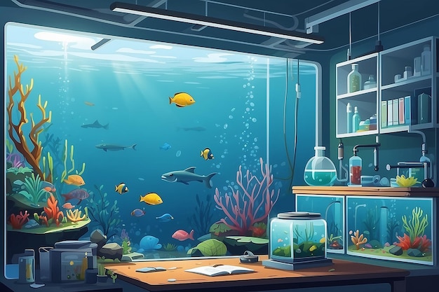 a corner of the lab with a dedicated area for studying the impact of pollution on aquatic life vector illustration in flat style