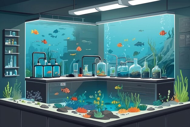 a corner of the lab with a dedicated area for studying the impact of pollution on aquatic life vector illustration in flat style