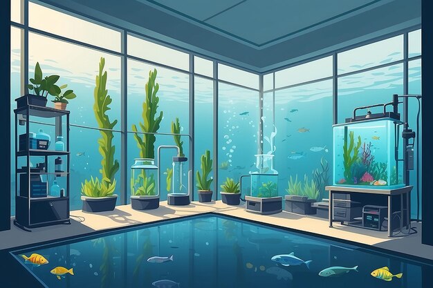 a corner of the lab with a dedicated area for studying the impact of pollution on aquatic life vector illustration in flat style