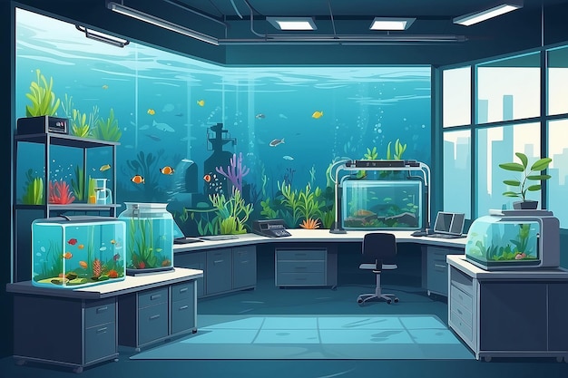 a corner of the lab with a dedicated area for studying the impact of pollution on aquatic life vector illustration in flat style