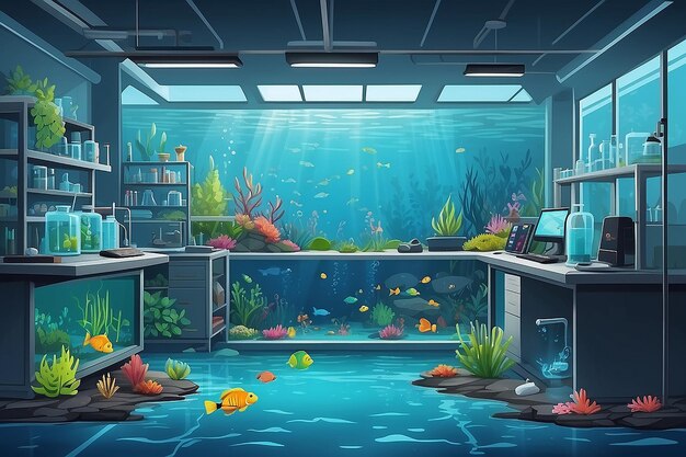 a corner of the lab with a dedicated area for studying the impact of pollution on aquatic life vector illustration in flat style