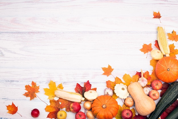 Corner layout with pumpkin, corn, other vegetables and autumn leaves. Top view on a light wooden background. Autumn flat lay.