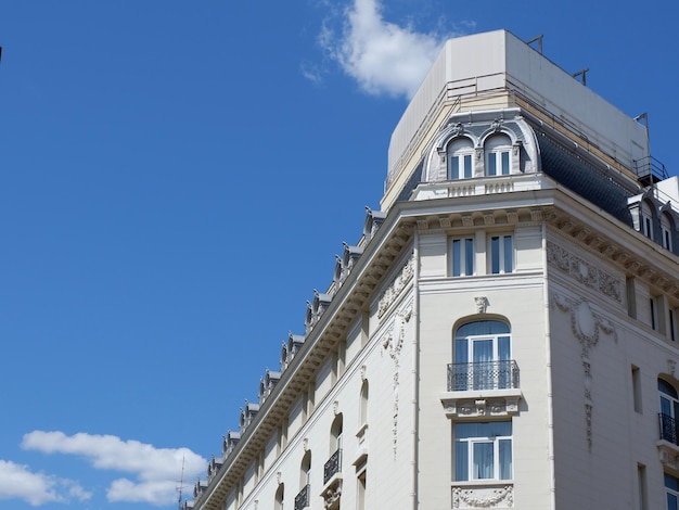 Corner of neoclassical elegant building in Barrio de las letras district downtown Madrid Spain