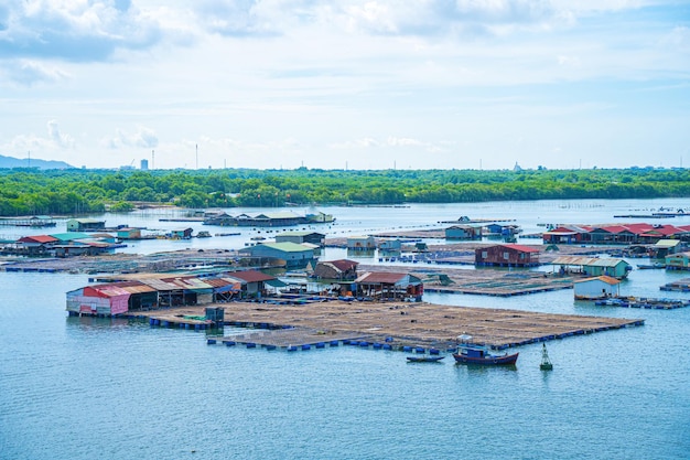 A corner of the oyster feeding farm float fishing village in Long Son commune Ba Ria Vung Tau province Vietnam People living and doing feed fish industry at floating village