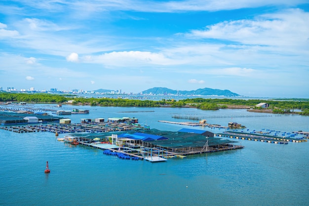 A corner of the oyster feeding farm float fishing village in Long Son commune Ba Ria Vung Tau province Vietnam People living and doing feed fish industry at floating village