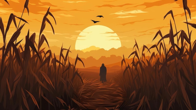 Cornfield background with scarecrow flat design top view harvest theme cartoon drawing colored