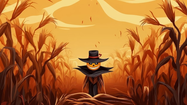 Cornfield background with scarecrow flat design top view harvest theme cartoon drawing colored