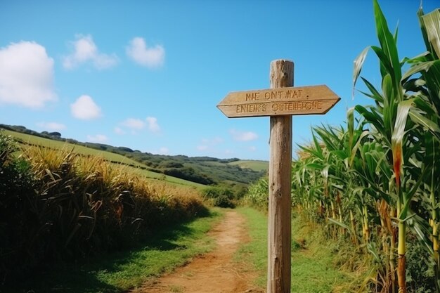 Cornfield day landscape with wooden road pointers and high green plants