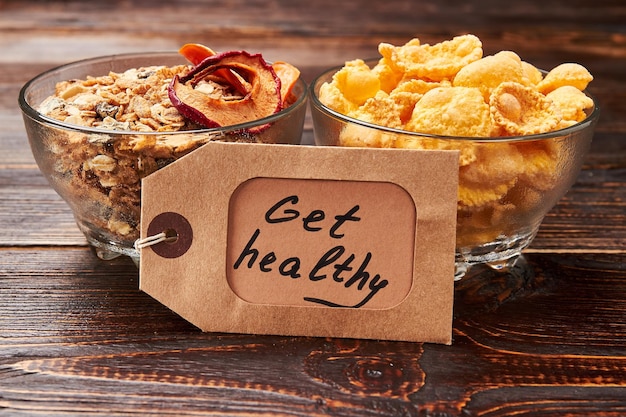 Cornflakes and muesli in bowls Time to get healthy