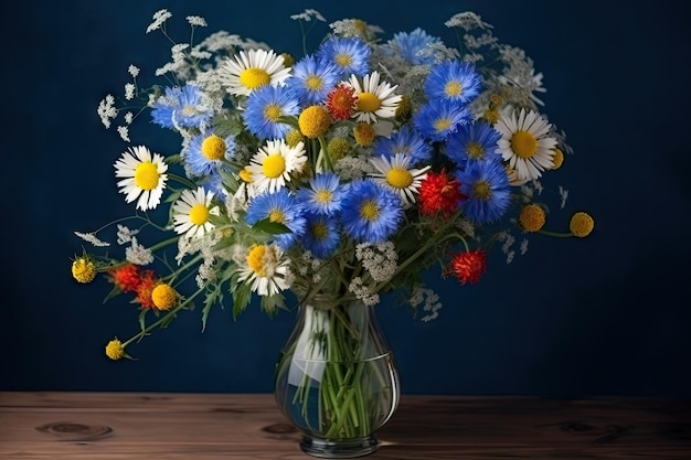 Cornflower and chamomile bouquet in vase