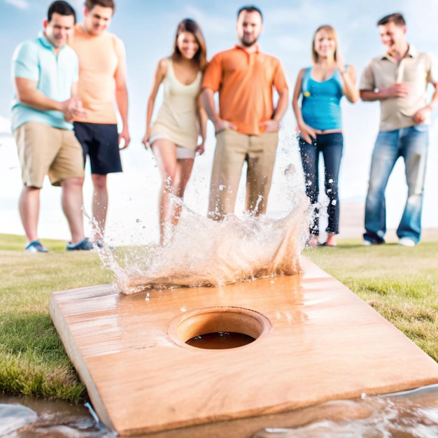 Photo cornhole game in a fun outdoor setting with friends