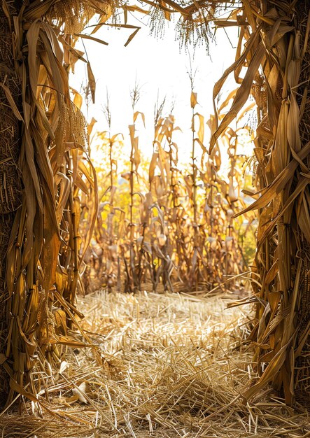 Photo cornstalks and hay bales watercolor border