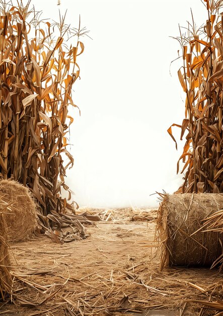 Photo cornstalks and hay bales watercolor border