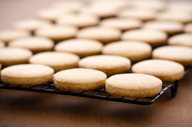 Cornstarch alfajor biscuits on a black rack