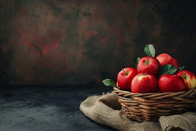 Cornucopia basket filled with apples on table Rosh Hashanah harvest concept