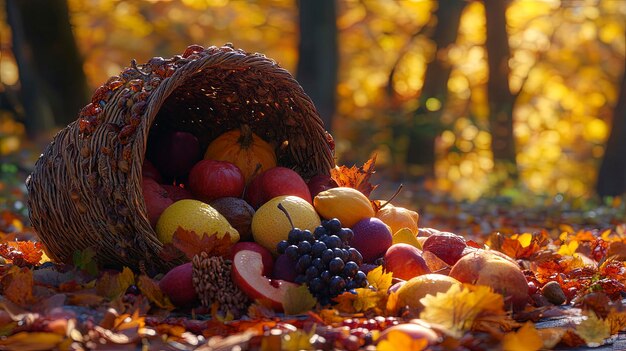 Cornucopia filled with autumn fruits and vegetables colorful and overflowing natural daylight