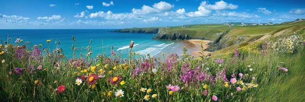 Cornwall Coastal Beauty Breathtaking View of Newquay Beach with Cliffs and Wildflowers