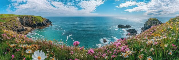 Cornwall Coastline Breathtaking View of Newquay Beach with Wildflowers and Cliffs