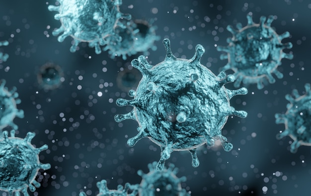 corona virus 2019-ncov flu outbreak, microscopic view of floating influenza virus cells, SARS pandemic risk concept, 3D rendering blue virus cells background