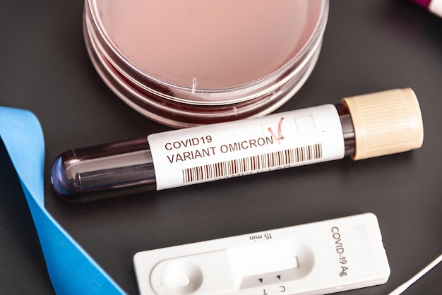 Coronavirus 2019-nCoV variant OMICRON Blood Sample. New Epidemic Corona Virus. South African variant.