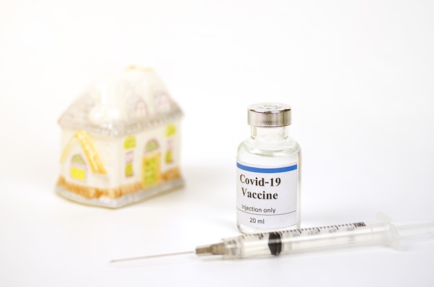 Coronavirus 2019nCoV or COVID19 Vaccine and syringe for injection with  home model