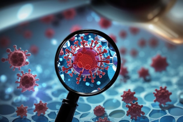 Coronavirus cell look through a magnifying glass background