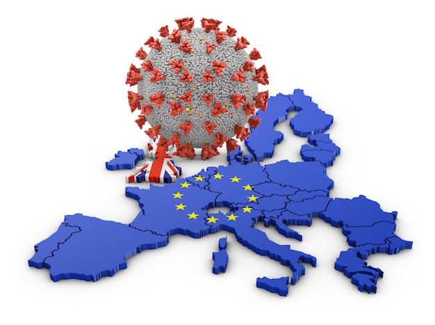 Coronavirus covid 19 against the background of the map of the UK and the EU. 3D render.