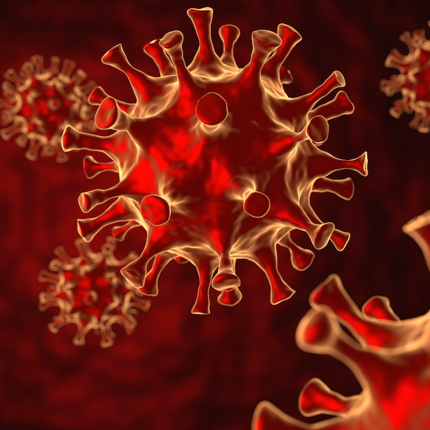 Coronavirus ( COVID 19 ). Virus cell in microscope. 3D rendering.