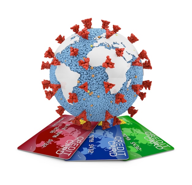 Coronavirus covid-19 with continents of the planet earth and bank credit cards. 3d render.