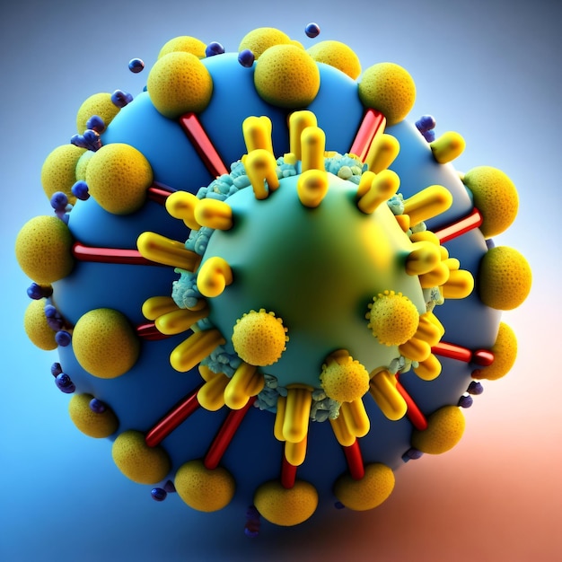 A coronavirus model is shown with a blue and yellow background.