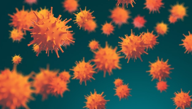 Coronavirus outbreak, microscopic view of influenza virus cells. 3D illustration