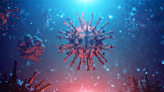 Coronavirus outbreak, microscopic view of influenza virus cells. 3D illustration