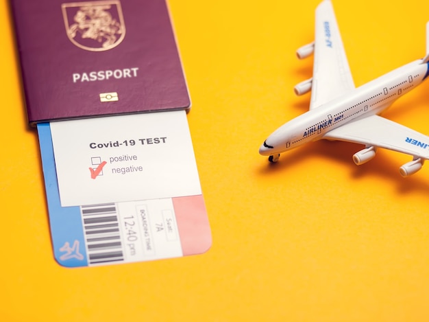 Coronavirus and safety travel concept, Covid-19 test with "Negative" mark, airline ticket, passport and plane on yellow background