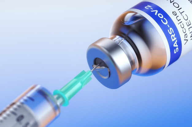 Coronavirus vaccine. COVID-19 Vaccine Medical Ampoule. The Vaccine from the Coronovirus COVID-19 on a blue Background and a Syringe. 3D Rendering.