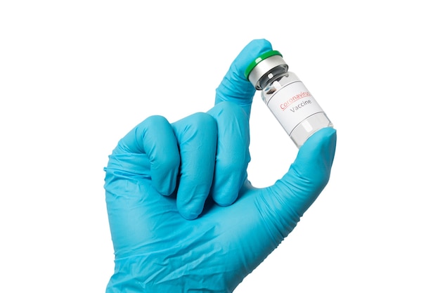 Coronavirus Vaccine in glass bottle in hand of doctor on white background. clipping paths.