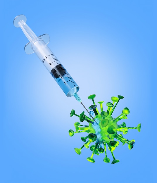 Coronavirus virus with an injection syringe. Vaccination creative concept. 3D Rendering illustration.