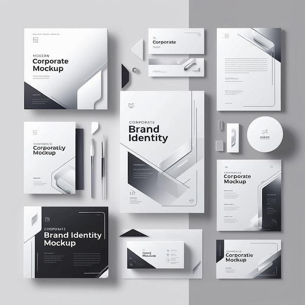 Photo corporate brand identity mockup set with digital elements