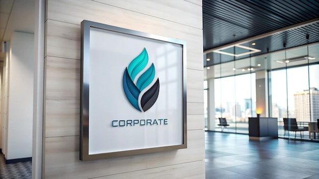 corporate branding identity logo display white blank frame mockup with modern business offices recep