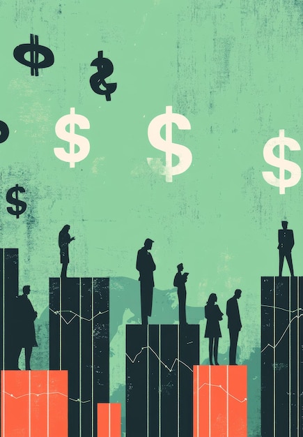 Corporate business illustration with silhouettes and dollar signs