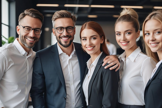 Photo corporate business people smiling with one another in office in the style of humancanvas integration